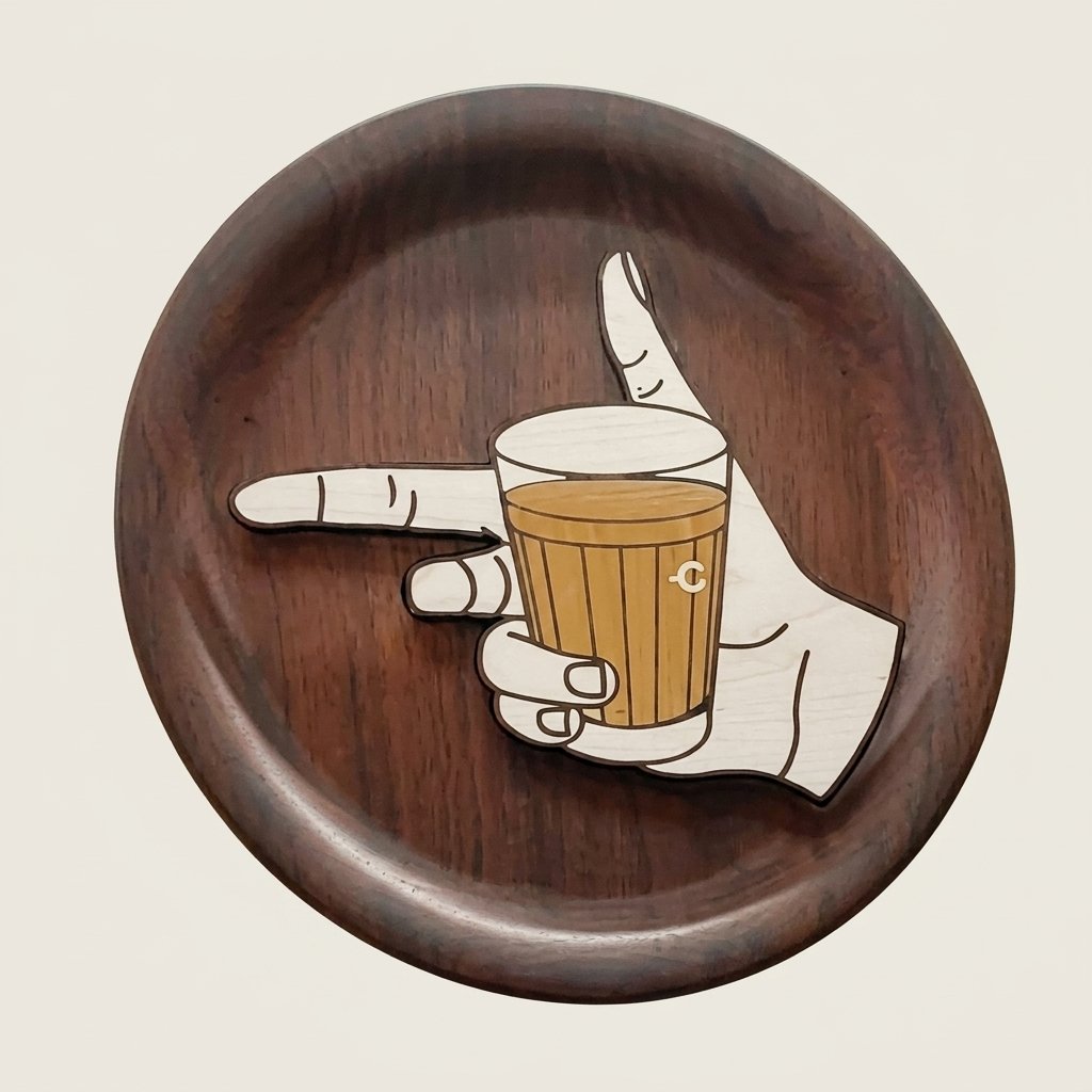 Wooden artwork of a hand holding a glass of tea