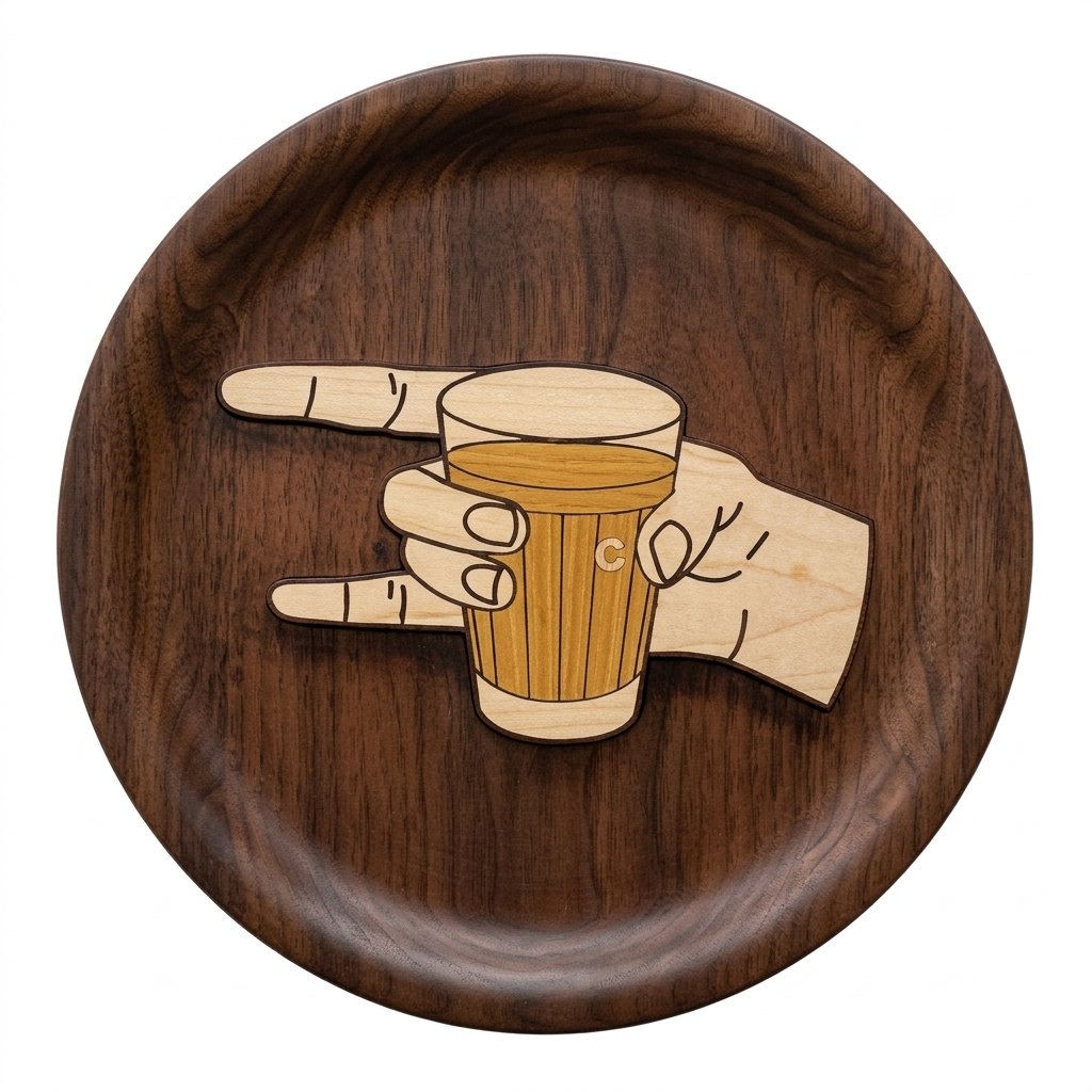 Wooden artwork of fingers holding a glass of tea