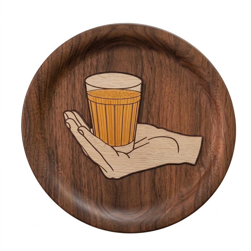 Wooden artwork of a glass of tea resting on an open palm