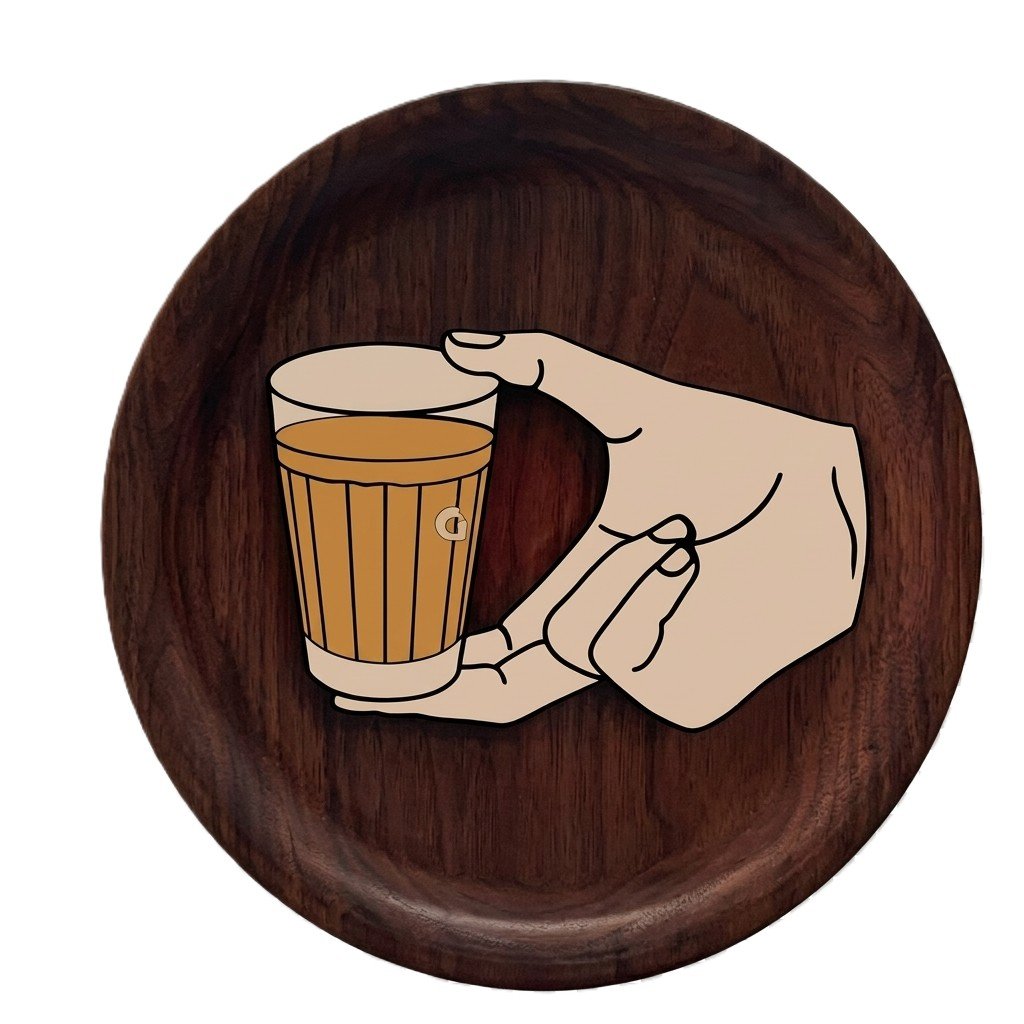 Wooden artwork of a hand holding a glass of tea